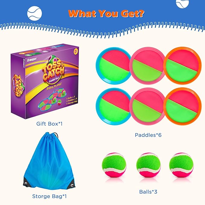 Toss and Catch Ball Set for Kids Outdoor Beach Toys Pool Toys, Catch Game with 6 Paddles and 3 Balls Outdoor Yard Games for 4-12 Years Old Boys Girls Adults