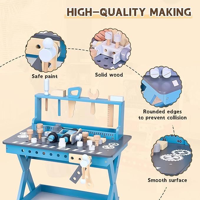 Kids Tool Bench with Sturdy Wood, Toddler Workbench with Realistic Toy Construction Set, Toy Tools Set and Multiple Ceative Pieces for 3-6 Year Old Boys and Girls, Dark Blue