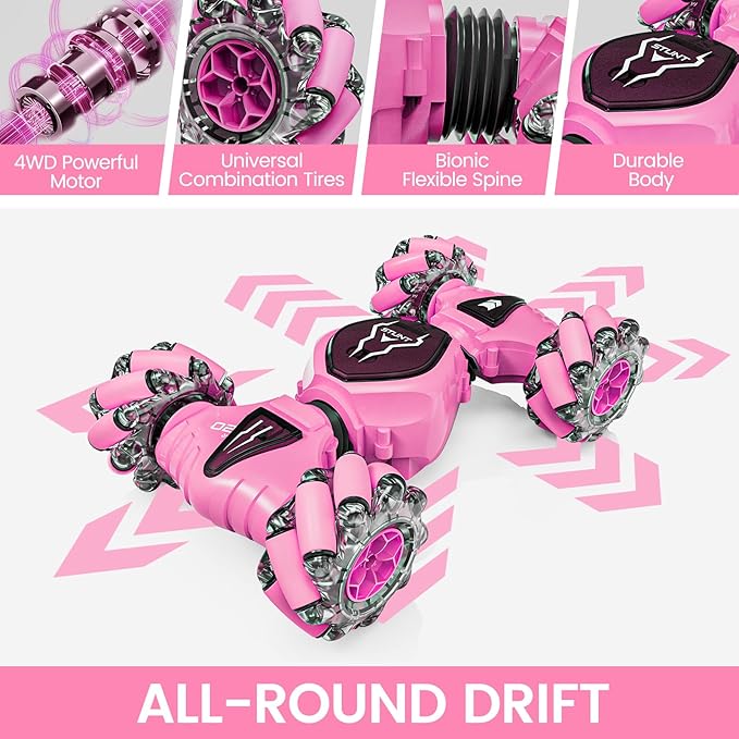 Tecnock Remote Control Car RC Cars for Girls, 2.4GHz 4WD Gesture Sensing RC Stunt Car Toys - 360° Rotating Double Sided Hand Controlled RC Car with Lights, Gifts for Kids, Pink