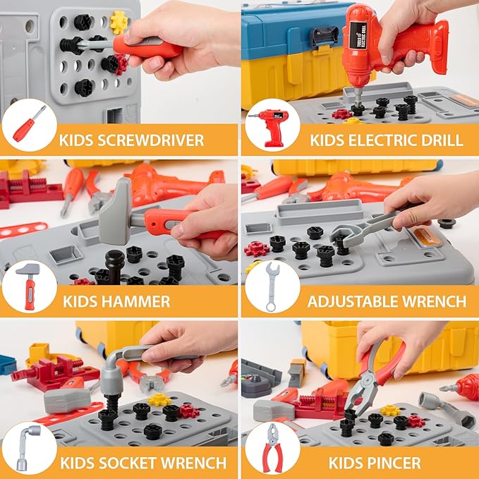 ‌3-in-1 Kids & Toddler Tool Bench with Working Electric Drill - Realistic Construction Toys Learning Set for Ages 2-6, Interactive Workshop Playset for Birthday & Christmas