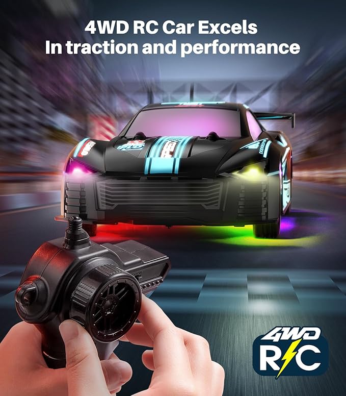 RC Drift Car, 4WD Remote Control Vehicle with LED Lights, 2.4GHz Race Car with Drifting & Racing Tires, 2 Rechargeable Batteries, Gifts Toys for Kids Boys Girls Adults