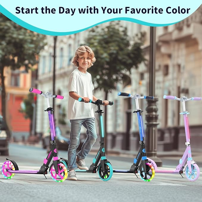 BELEEV V8 Scooters for Kids Ages 6+ with Light-Up Deck, 2 Wheel Folding Scooter for Adults Teens, 4 Adjustable Height, Lightweight Sport Commuter Scooter, Sturdy Frame, Max Load 220 lbs