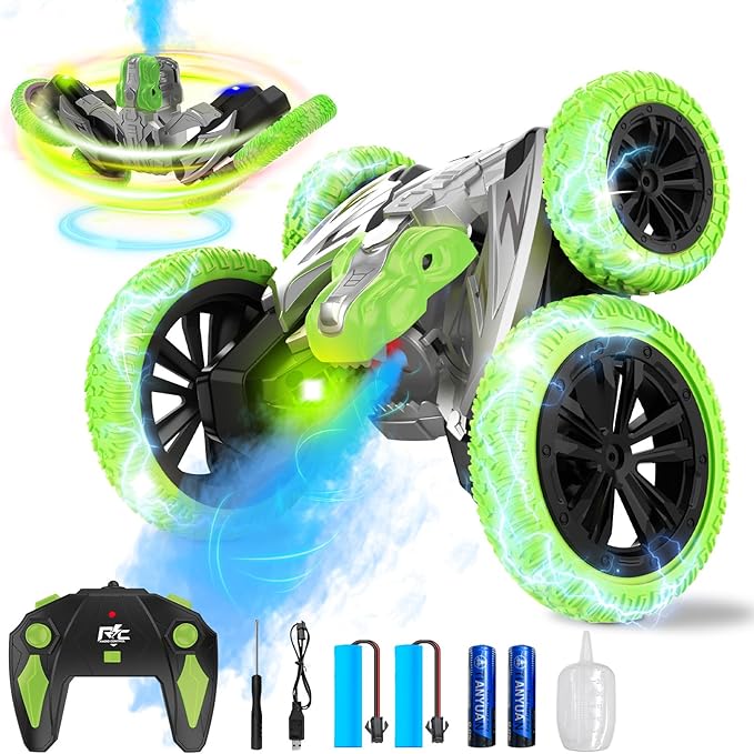 Remote Control Car, 360° Rotating RC Stunt Car with Lights and Spray, 2.4Ghz 4WD Double-Sided Driving RC Car Toys for Kids, Outdoor Dinosaur Truck Gift for Boys and Girls Age 4-7,8-12 (Green)