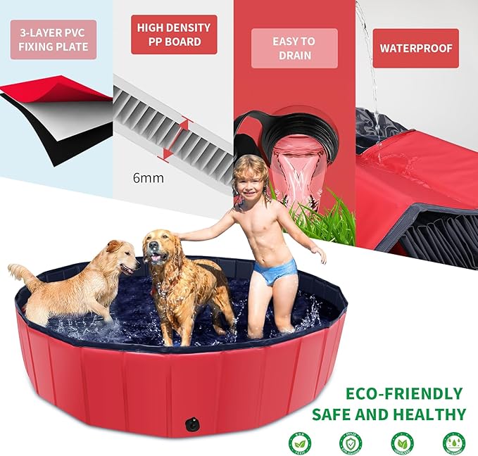 Foldable Dog Pool, 87" x 14" Large Kiddie Pool with Hard Plastic, Non-Slip Dog Bath Tub for Outdoor Backyard, Collapsible Dog Swimming Pool for Kids Dogs Pets (Red)