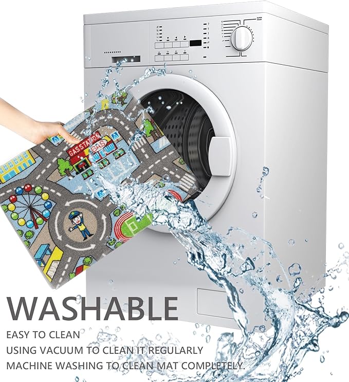 Kids Rug 3'3" x 5'2" City Life Playmat Area Rug Car City Map Washable Traffic Road Educational Learning Nursery Rug Carpet for Children Playroom Living Room Bedroom Classroom Decor Blue