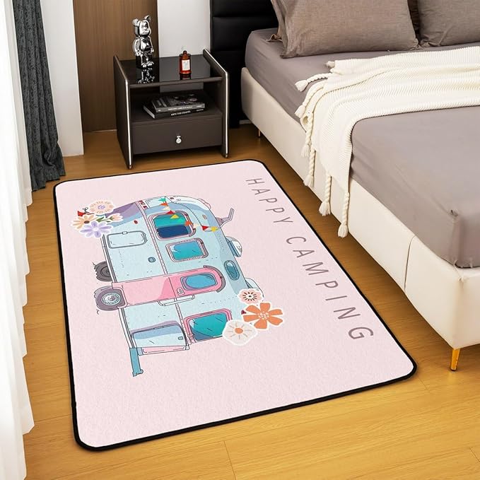 Erosebridal Camper Area Rug 5x7 Happy Camping Rug for Kids Girls Boys Cartoon Spring Floral RV Car Travel Carpet Cute Pink Blue Vintage Flowers Non Slip Decorative Rug