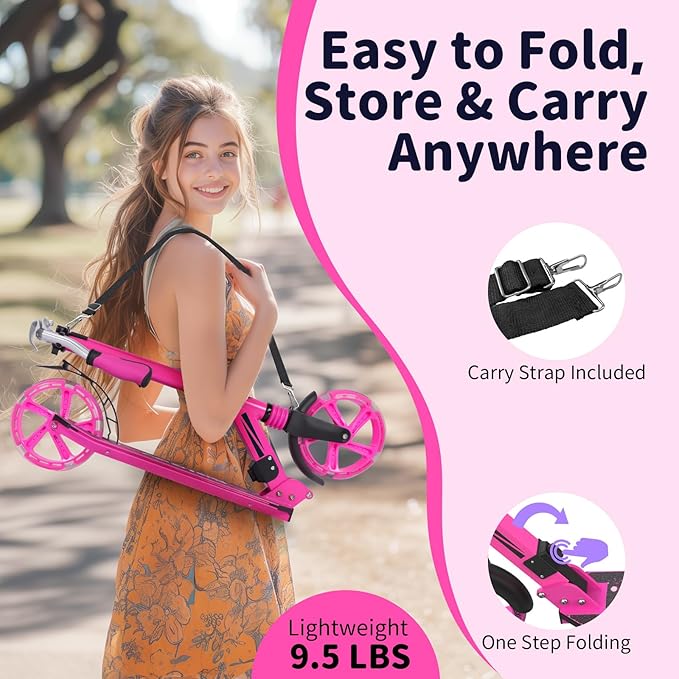 BELEEV V8 Scooters for Kids Ages 6+ with Light-Up Deck, 2 Wheel Folding Scooter for Adults Teens, 4 Adjustable Height, Lightweight Sport Commuter Scooter, Sturdy Frame, Max Load 220 lbs