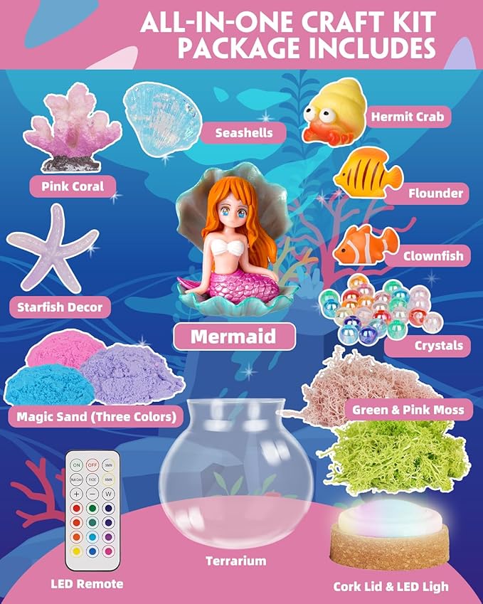 Light-Up Mermaid Terrarium Kit for Girls, DIY Arts & Crafts Gift for Girls Ages 4-6 7 8-12 Year Old, LED Night Light with Remote, Best Mermaid Birthday Decoration Toys Gifts for Kid