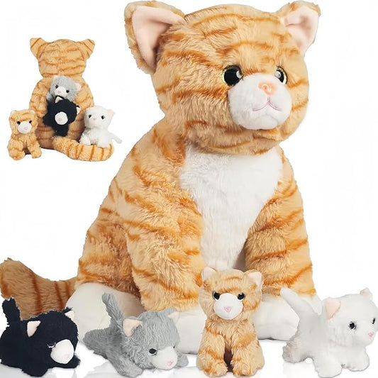 5 Pcs Cat Stuffed Animal with Babies Inside Belly, 1 Mommy Stuffed Cat Plush Toy with 4 Kittens Stuffed Kitty Cats Plushies Toys for Kids Girls Boys Birthday Christmas Easter Stuffers Gifts