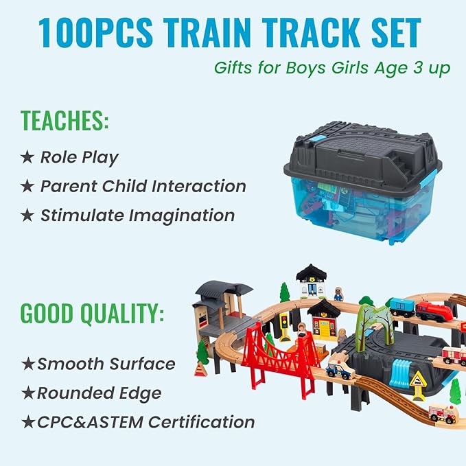 100Pcs Wooden Train Set for 3 Year Old Boys, Double-Side Train Set Tracks with Bridge Train Station & Storage Box, Fits Brio, Thomas, Melissa and Doug, Kids Gift Toys for Boy 3-7 (100pcs)