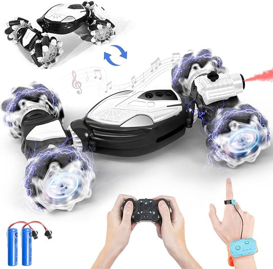 4WD Remote Control Gesture Sensor Car, Gesture Sensing Rc Stunt Car with Light & Music & Spray,for 6-12 Year Boys & Girls,Double Sided Drift Truck Off Road 360° Flips,Birthday for Kids