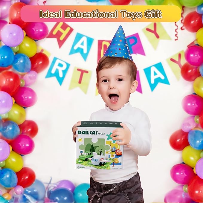 Plastic Dinosaur Puzzles for Kids with A Cute Car, Montessori Toys for 2 3 4 5 6 Year Old Boys, Race Tracks for Kids 3-5, Toddler Puzzle Track Play Set, Gifts for 2 3 4 5 6 Year Old Boys Toys