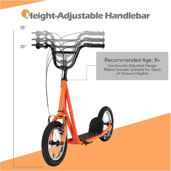 Goplus Youth Kick Scooter, Kids Kick Scooter W/ 12-Inch Air Filled Wheels, Carbon Steel Frame, Adjustable Handlebar, Front and Rear Dual Brakes, Ride On Toys for Adults Teens 8+