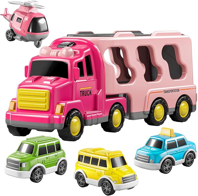 TEMI Girls Toddler Truck Toys for 3 4 5 6 Year Old, 5-in-1 Friction Powered Vehicle Car Set for Toddlers 3-6, Carrier Toys for Kids 3-5, Christmas Birthday Gifts for Boys Age 3-9
