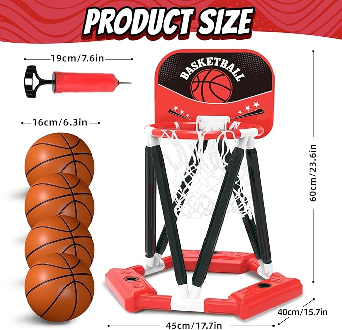 Pool Basketball Hoop Toys, Floating Basketball Hoop Pool Game with 4 Basketballs, Swimming Floats Toys with Balls Pump, Summer Outdoor Pool Water Play Toy for Kids and Adults (Red)