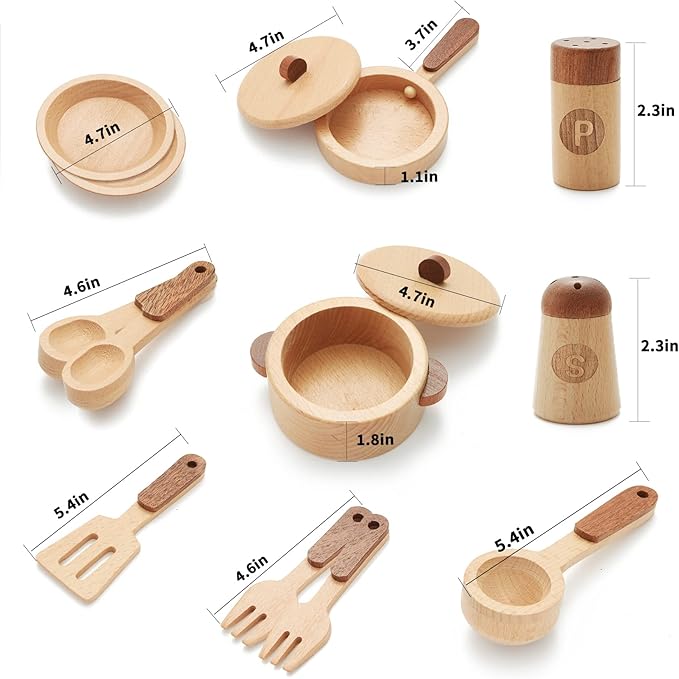 WHOHOLL Play Kitchen Accessories, Wooden Kitchen Set for Kids Ages 3-5 - Montessori Cooking Toys with Toy Pots and Pans (Large)