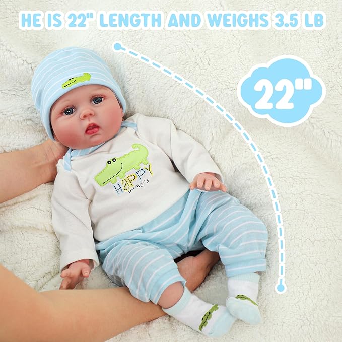 SCOM Lifelike Reborn Baby Dolls - 22 inch Realistic Baby Toddler Dolls Soft Cloth Body Vinyl Limbs, with Clothes and Doll Accessories Gifts for Kids Age 3+ (Blue&Blanket)