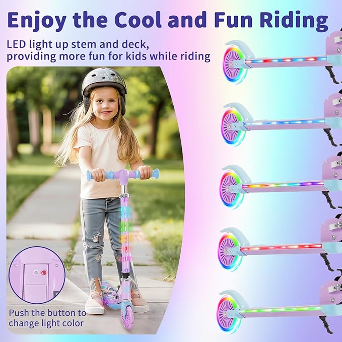 BELEEV V3 Scooter for Kids with Light-Up Wheels & Stem & Deck, 2 Wheel Folding Scooter for Girls Boys, 4 Adjustable Height, Lightweight Kick Scooter with Handy Kickstand for Children Ages 3-12