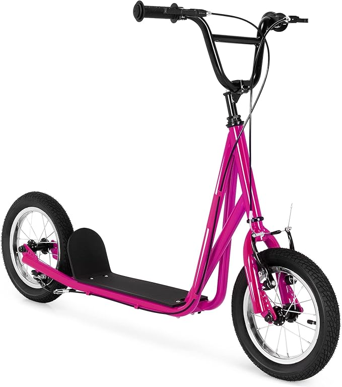 Goplus Youth Kick Scooter, Kids Kick Scooter W/ 12-Inch Air Filled Wheels, Carbon Steel Frame, Adjustable Handlebar, Front and Rear Dual Brakes, Ride On Toys for Adults Teens 8+