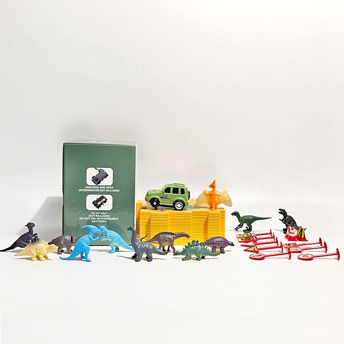 Puzzle Track Car Play Set with 12 Dinosaur Figures, Plastic Railcar Floor Puzzles for Kids Ages 3-5 with Vehicles, Toys Gifts for 3 4 5 6 Year Old Boys