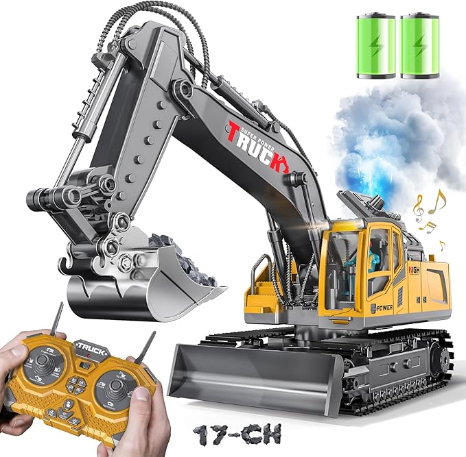 17CH Remote Control Excavator Construction Toy for Boys - 2400mAh RC Excavator Toy with Metal Shovel/Spray/Lights/Sounds, RC Digger Construction Vehicles Toys Excavator Toys Gift for Boys 8-12 Yr Old