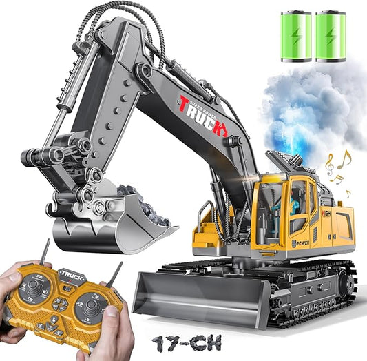 17CH Remote Control Excavator Construction Toy for Boys - 2400mAh RC Excavator Toy with Metal Shovel/Spray/Lights/Sounds, RC Digger Construction Vehicles Toys Excavator Toys Gift for Boys 8-12 Yr Old