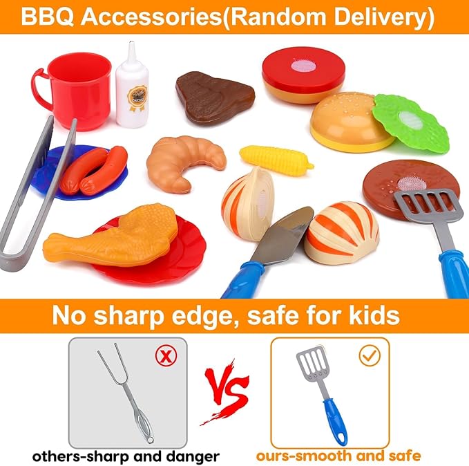 Kids Play Food Grill with Pretend Smoke Sound Light Kitchen Playset BBQ Accessories Camping Cooking Set Barbecue Toddler Girl Boy Toy 2 3 4 5 6 Year Old 4-8 Birthday Kid Toy Idea