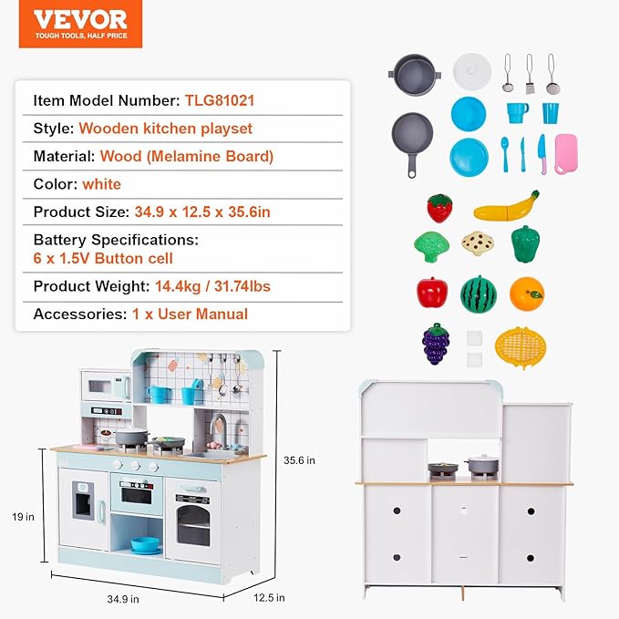 VEVOR Play Kitchen for Kids, Wooden Toy Kitchen Set with Lights and Sounds, Toddler Kitchen with Ice Maker, Oven, Sink, Microwaves, Fridge and Utensil and Fruit Accessory for Toddlers Ages 3-8, White