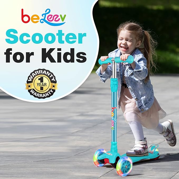 BELEEV A2 Scooters for Kids 3 Wheel Kick Scooter for Toddlers Girls Boys, 4 Adjustable Height, Lean to Steer, Light up Wheels, Extra-Wide Board, Easy to Assemble for Children Gift Sport Toys Ages 3-12