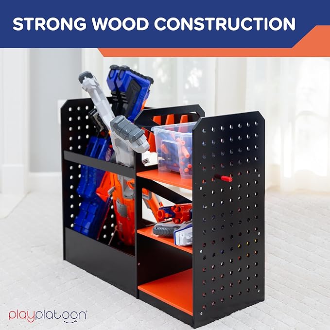 Play Platoon Storage Rack for Nerf Gun Storage & Nerf Accessories, Sturdy Wood Construction, Dart Holder & 6 Gun Holder for Wall with Pegboard Wall Organizer, Includes 20 Pegs