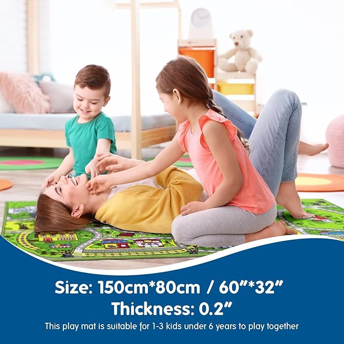 Booooom Jackson City Playmat Rug, Green, 60 x 32 inches, Non-Slip, Machine Washable, Compatible with Hot Wheels and Matchbox Cars, Ideal for Kids Room or Playroom