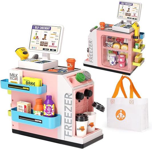 48-Piece Pretend Play Cash Register Toy Set for Kids with Water Outlet Function - Calculator, Shopping Bag, Scanners, Coffee Machine, Play Food - Gift for Boys and Girls Ages 3+（Pink）