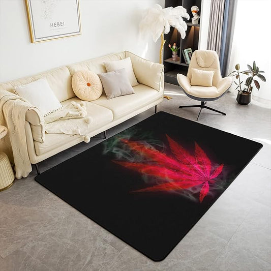 Marijuana Area Rug 5x7, Red Cannabis Leaf Printed Rug for Adult Women Teens Marijuana Weed Leaf Carpet, Exotic Leaves Rustic Boho Trippy Hippie Theme Non Shedding Decorative Rug for Bedside