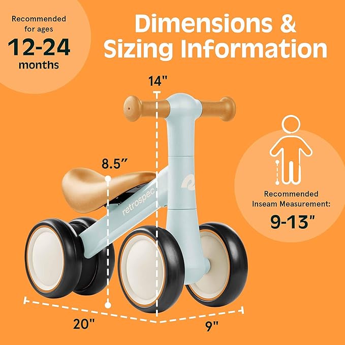 Retrospec Cricket 2 Baby Walker Balance Bike with 4 Wheels for Ages 12-24 Months - First Birthday Gift Toddler Bicycle Toy for 1 Year Old’s - Ride On Toys for Boys & Girls