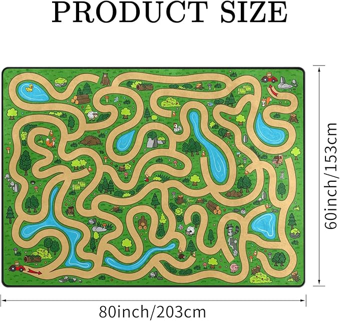 Kids Rug, Cartoon Maze Playmat Rugs - 5x7 Ft Kids Carpet with Rubber Backing, Forest Trees Animal Plant Theme Play Mat Nursery Rugs for Children Bedroom Playroom