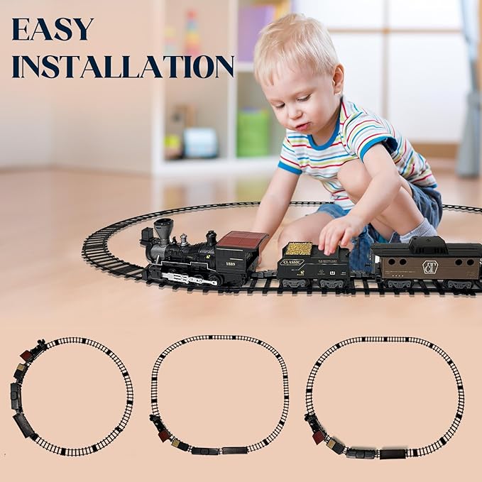 Classic Model Train Set Toy with Steam and Sound, Electric Train for Under The Trees, Cargo Car for Boys & Girls 3 4 5 6 7 Years