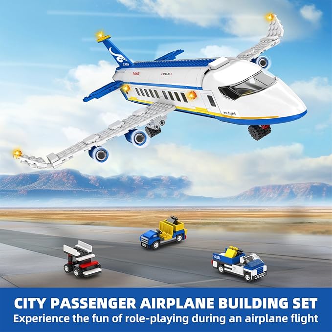 City Passenger Airplane Building Set,516 PCS STEM 6 in 1 Airport Passenger Plane Building Block Toy with Baggage Truck, Shuttle Bus, Christmas Birthday Gifts for Adults Boys Girls Age 6-12+