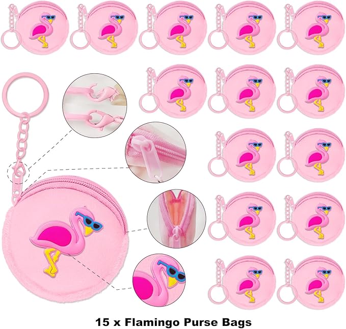 15 Pack Flamingo Mini Coin Purses with Keyring for Summer Holiday Luau Tropical Hawaiian Party Supplies, Present for Friends, Creative Souvenirs, Kids Birthday Party,Pink