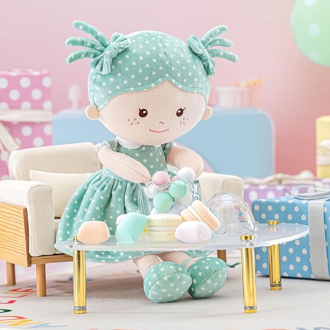 Onetoo Plush Rag Doll My First Baby Doll Soft Baby Doll for Girls Sleeping Cuddle Buddy Doll Wear Green Dress White Polka Dot 14"（Milly Series）