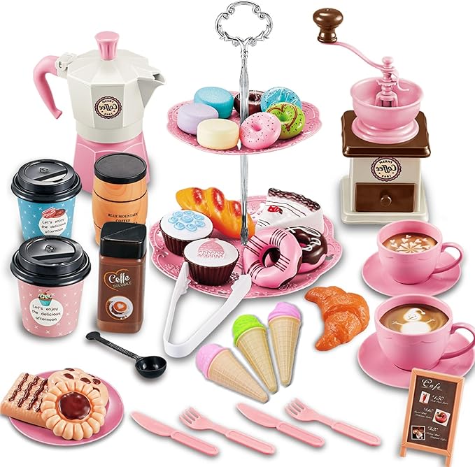 Pretend Tea Party Set for Little Girls, 41 PCS Coffee Maker Set and Play Food Dessert Set for Kids Age 3 4 5 6 7 8 9（Pink）