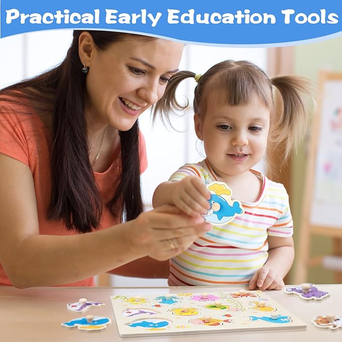 Chivao 8 Set Wooden Peg Puzzles for Toddlers 2-4 Years Alphabet Number Animal Vehicles Puzzles Board for Kids Educational Learning Toys for Children Babies Boys Girls(Lovely)