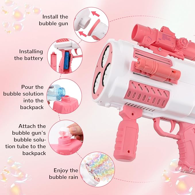 Bubble Gun, Upgrade Gatling Bubble Machine Gun Portable Bubble Maker with Backpack, Anti-Leakage Bubble Blower Gun Gifts for Boys Girls Age 3 4 5 6 7 8 9 10 11 12 Years Old (Pink)