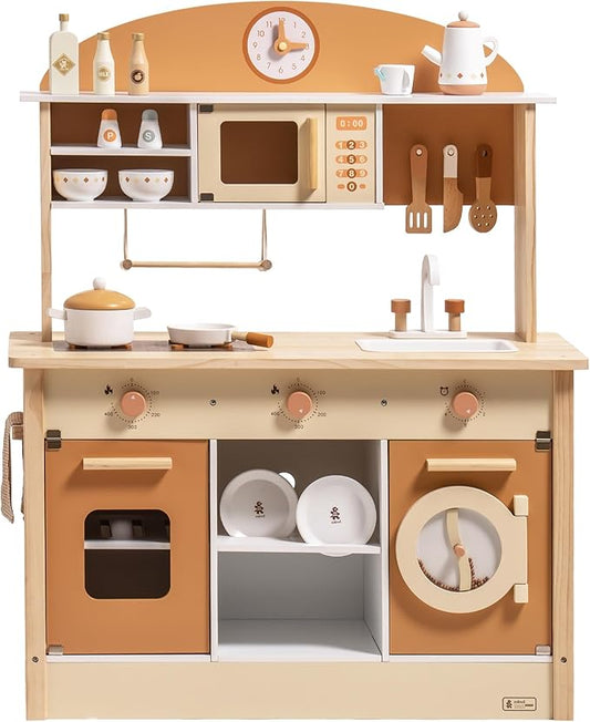 ROBUD Wooden Play Kitchen for Kids Toddlers, Kids Kitchen Playset with Realistic Accessories, Toy Kitchen Set with Plenty of Play Features, Modern Style Toy Kitchen for Girls & Boys, 3+, Caramel