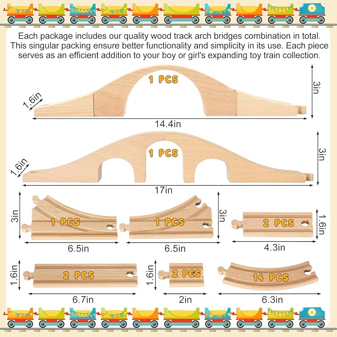 24Pcs Wood Train Track Expansion Set - Wooden Train Track Connectors & Adapters - Train Bridges & Straight Tracks - Accessories for Most Major Toy Trains - Railway