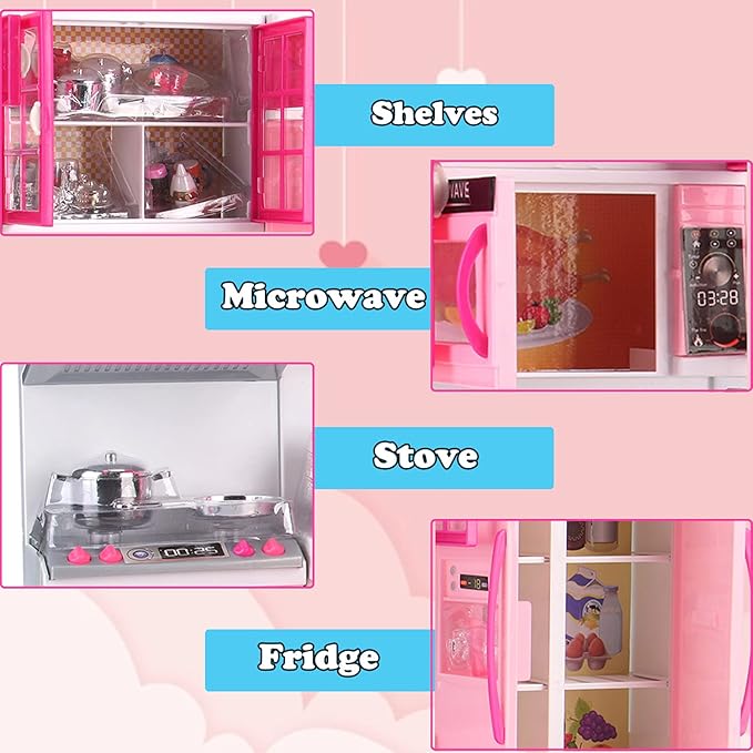 Doll Kitchen Playset for Kids, My Modern Mini Kitchen House Furniture Pretend Play Toy Accessories Set with Realistic Lights & Sounds for Toddlers, Girls (4-in-1 w/Doll)