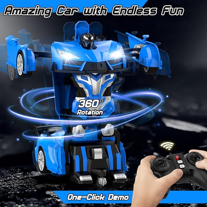 Remote Control Car，Transform Robot RC Cars with Cool LED Headlights, 2.4Ghz Toys Car with 360 Degree Rotation and One-Button Deformation, Christmas Birthday Gifts for Boys Girls(Blue)