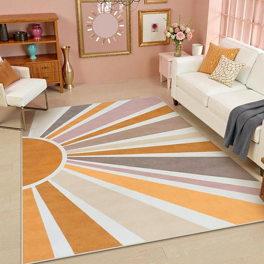 STARUIA Sun Machine Washable Area Rugs 5x7 for Living Room, Soft Non-Slip Boho Rainbow Kids Nursery Orange Throw Rug Carpet for Bedroom, Colorful Kitchen Rug for Classroom Office Dining Room