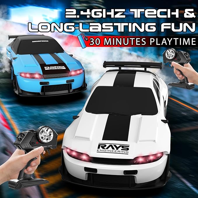 Remote Control Car, 1/24 Scale RC Drift Car, 4WD 15KM/H High Speed RC Cars, Racing Sport Toy Car with LED Lights, Racing Tire, Birthday for Kids Boys Girls, Rechargeable Battery