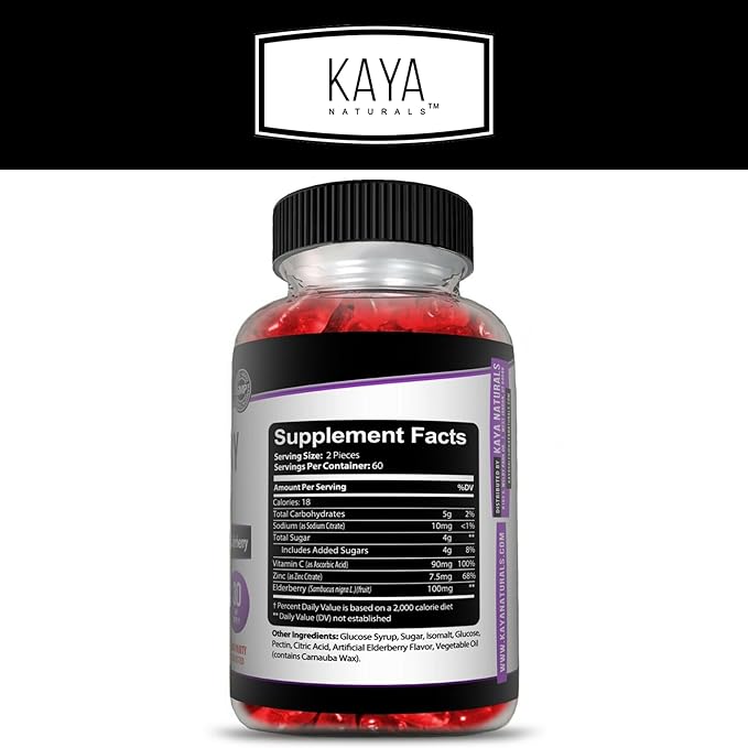 Kaya Naturals Immune Support - Powerful Immune & Healthy Antioxidant Vitamin Supplement Booster with Vitamin A, C, D & E, Elderberry, Zinc, Electrolytes, Non-GMO, Lemon Flavor (60 Gummies)