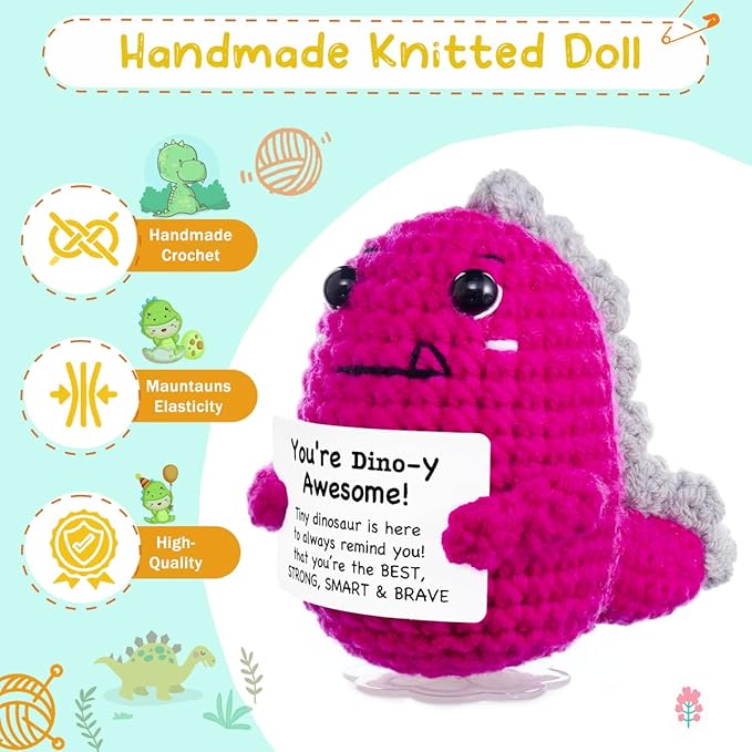 Funny Easter Basket Stuffers Positive Crochet Stuffed Animals Dinosaur, Stress Relief Gifts for College Student Graduation Boyfriend Husband Women Birthday Desk Decor (Hot Pink Dinosaur)